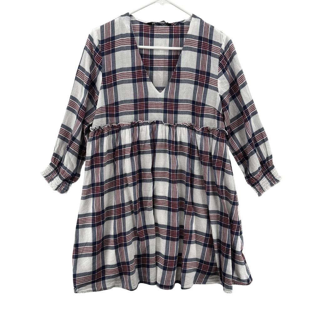 Zara Dress Womens Small Navy Red White Plaid Linen Blend Ruffle‎ Boho Tunic Top